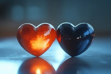 Two glass hearts, one glowing with fiery orange light and the other dark and reflective, symbolize contrasting emotions or duality in love.