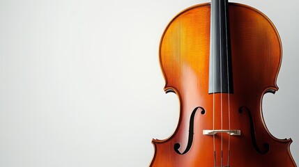 An exquisite cello, artfully positioned against a pristine white backdrop, reveals its graceful curves, gleaming wood exterior