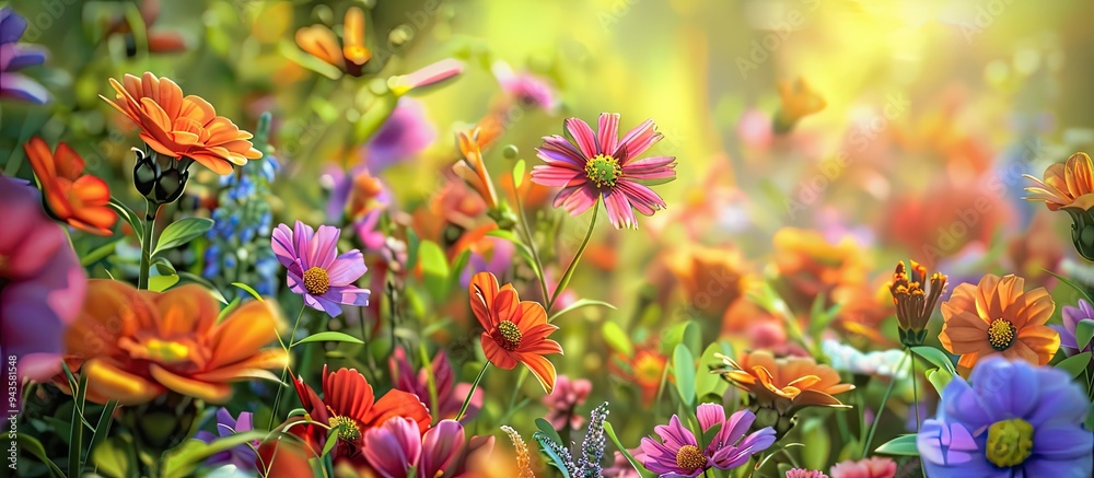 Fototapete A vibrant garden filled with various summer flowers creating a scenic background with a focus on a single flower in a close up view in the center perfect as a copy space image