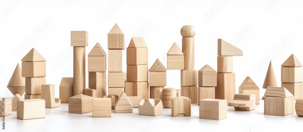 Poster Wooden toys and blocks arranged neatly with an isolated white background perfect for adding text or graphics with copy space image