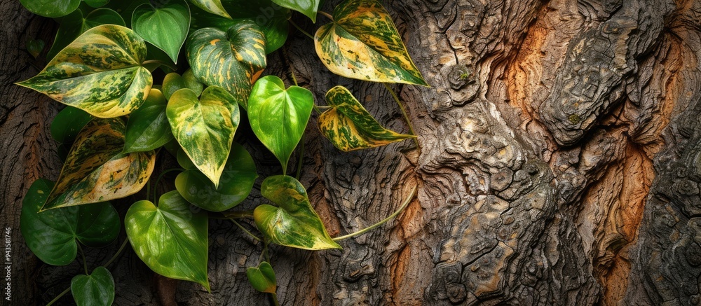 Poster nature s art golden pothos leaves of liana scindapsus against a rustic tree bark background perfect 