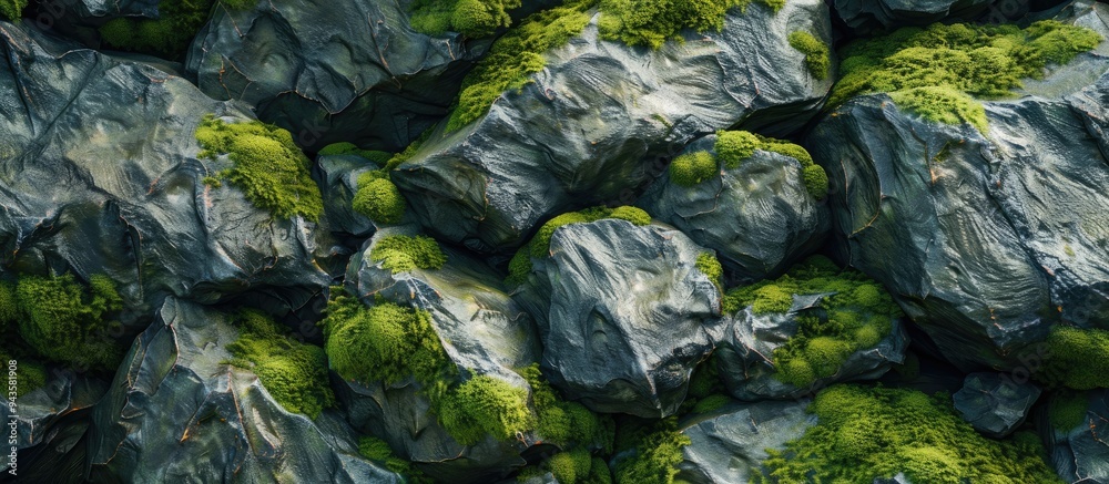 Poster Moss covered rocks in a background texture image with copy space