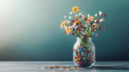 A vase assembled from colorful puzzle pieces, with flowers that appear fragmented and incomplete, symbolizing the fragility of life and ideas
