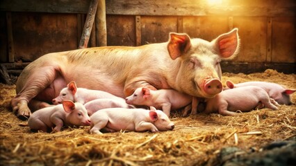 A Sow and Her Piglets Resting in a Straw-Filled Pen