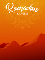 Text Ramadan Kareem on the background of abstract sun over mountains. Festive design for greeting card or poster for Ramadan.