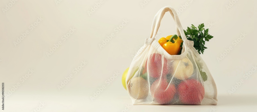 Poster eco friendly cotton mesh bag with fruits and vegetables promoting a sustainable lifestyle and zero w