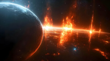 Obraz premium A fiery cosmic event with a planet in the foreground.