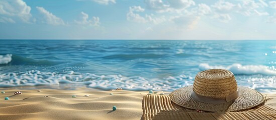 Obraz premium Sandy beach with a summer straw hat on a beach mat against a sea and blue sky background providing a view for a copy space image Perfect for showcasing products