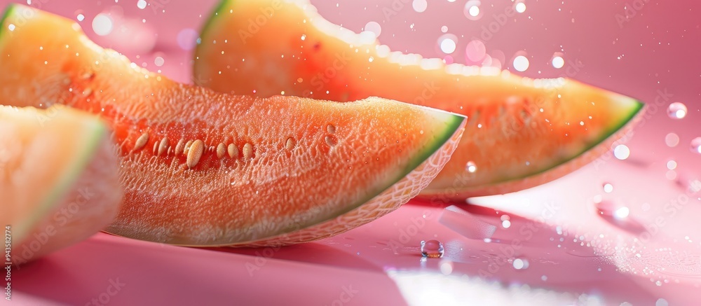 Aufkleber sweet melon slices on a pink backdrop with copy space image