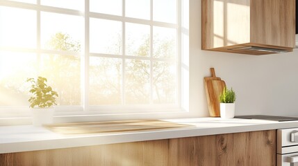 Cozy kitchen with worn wood, sepia-toned window views, and translucent floral motifs