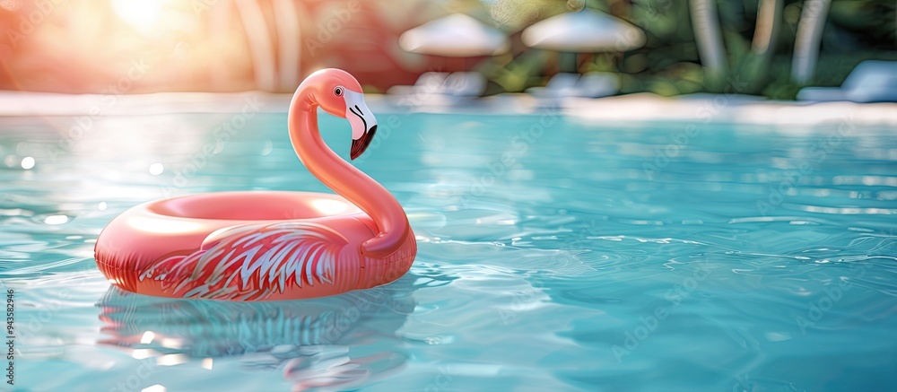 Poster a flamingo rubber ring drifts in a luxurious pool at a hotel resort serving as a fun inflatable acce
