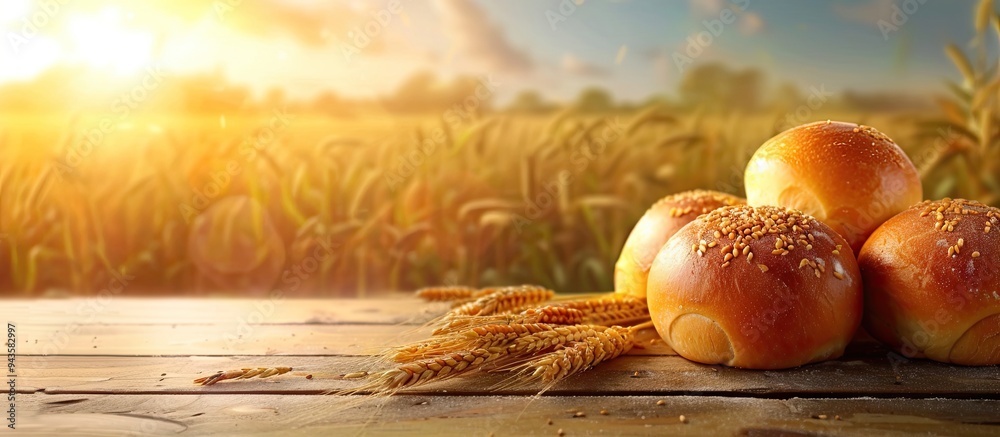 Poster Wooden table displaying freshly baked buns with a blurred backdrop of a wheat field in summer providing copy space for food and drink products in the image