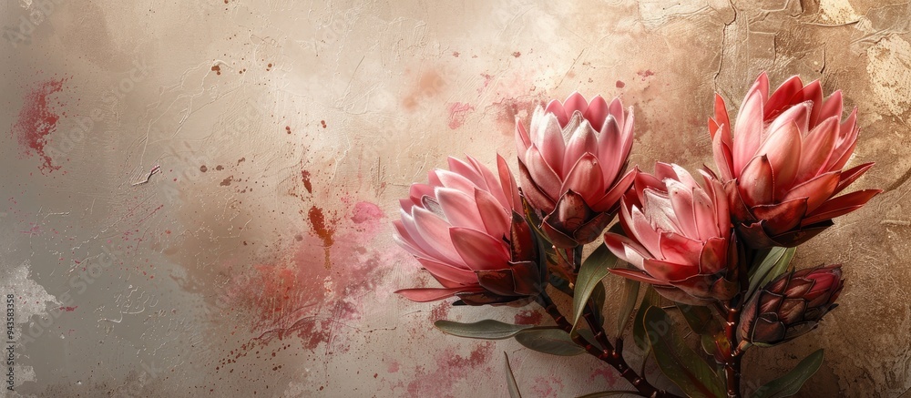 Poster gorgeous pink protea flowers on a textured grunge background suitable for a copy space image