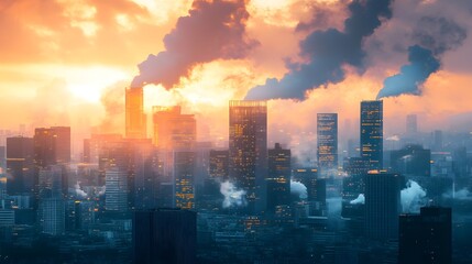 Fototapeta premium Innovative Overlay Concept Highlights Sustainable Urban Development Initiatives and Carbon Credit Opportunities in a Dynamic City Skyline