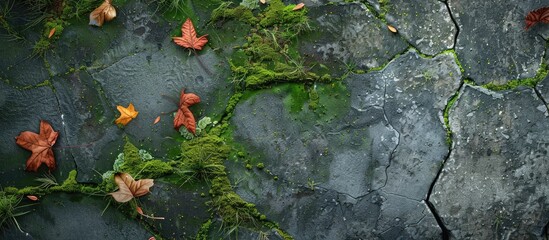 A moss covered cracked cement floor with scattered plant leaves offers a natural setting for a copy space image