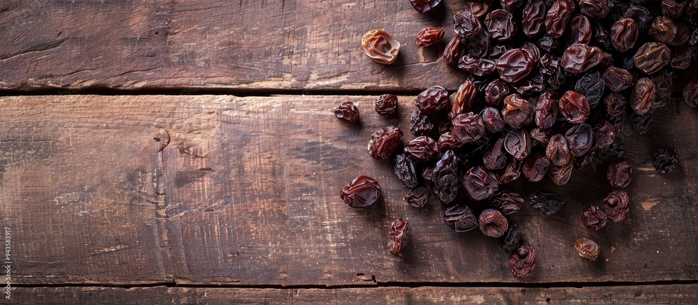 Poster Top view of raisins on a wooden table ideal for text placement in the image Raisins are a nutritious snack option. Creative banner. Copyspace image