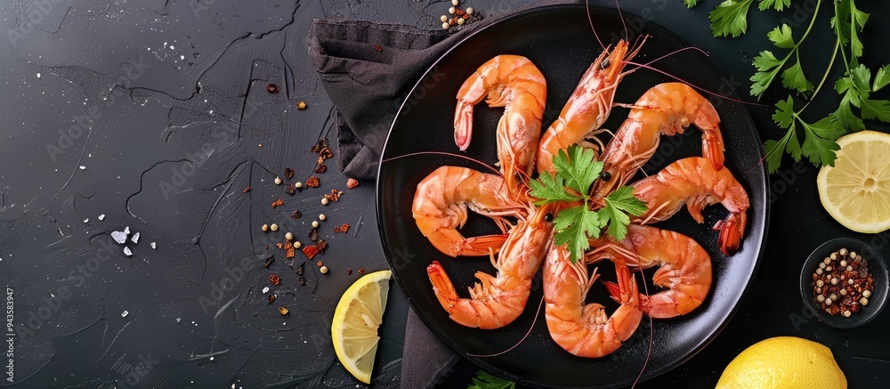 Aufkleber a plate with delicious boiled shrimps and lemon set against a dark background creating an appealing 