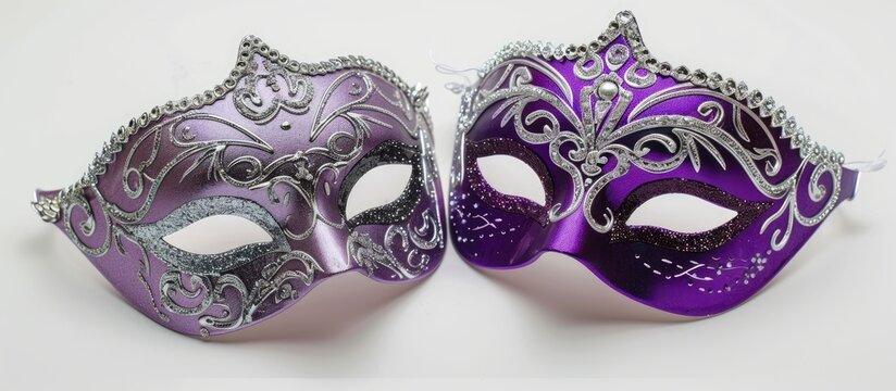 Eye catching image of elegant purple and silver glitter masquerade masks with intricate designs on a white background ideal for parties and festivities includes copy space image