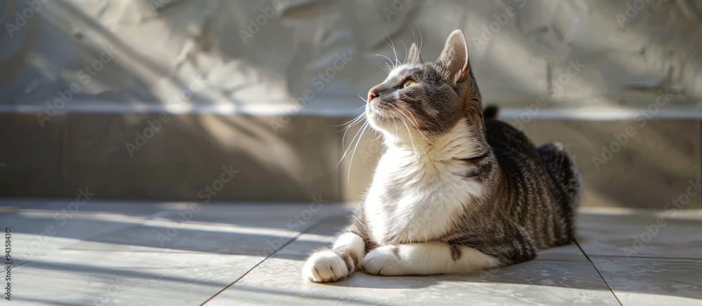 Poster A cat with grey and white fur is perched on concrete tiles under the sun gazing upwards with a blank space available for an image. Creative banner. Copyspace image