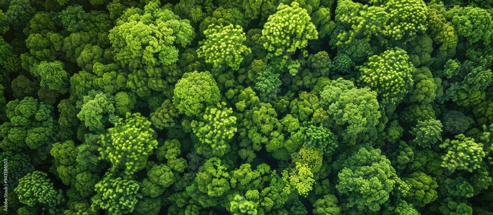 Poster aerial view of trees with vibrant green leaves against a lush green backdrop with room for text or g