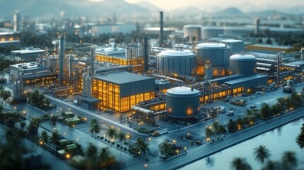 The factory features advanced design for zero waste production, with illuminated structures and surrounding greenery at dusk.