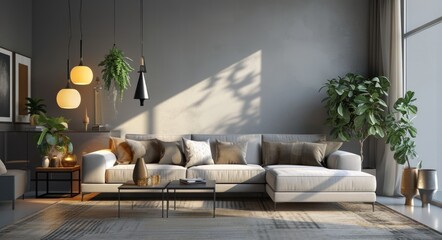 Modern Living Room Interior with Stylish Sofa and Minimalist Design - 3D Rendering