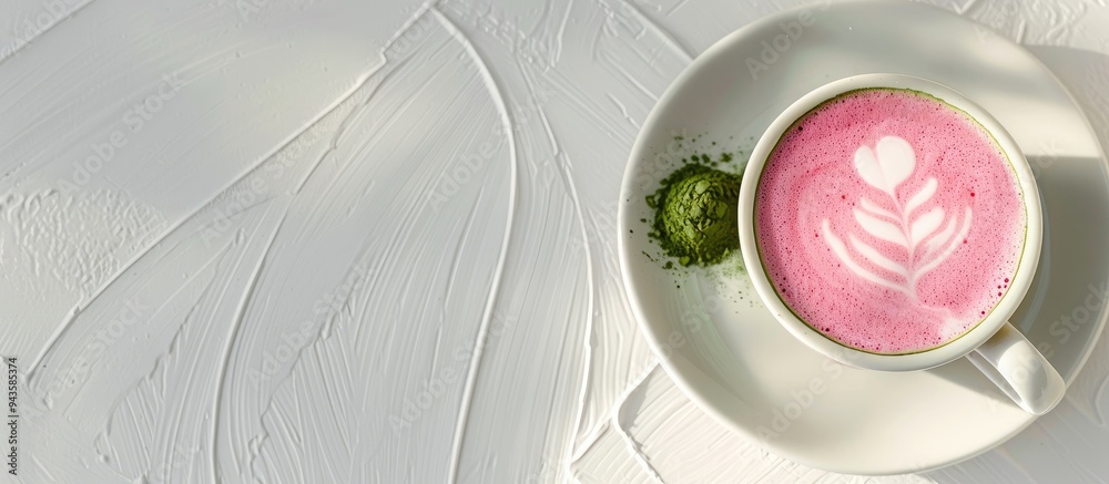 Aufkleber Top view of a pink matcha latte placed on a white surface with ample space for additional elements in the image