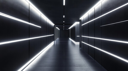 A modern corridor with a sleek, futuristic design. Dark walls are highlighted by horizontal and vertical light strips, creating a dynamic pattern. 