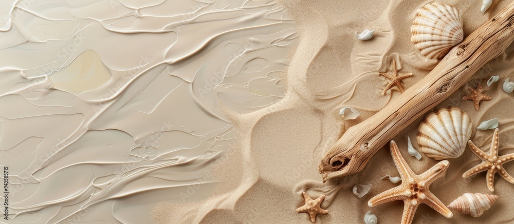 Poster nature themed image showing seashell starfish and driftwood on beige background evoking sea summer a