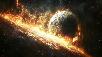 Obraz premium A fiery explosion engulfing a planet in space.