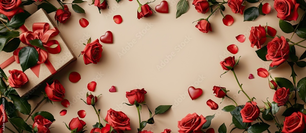 Aufkleber A top view flat lay arrangement with a frame of vibrant red roses a gift box and a heart on a beige background creating a display with ample copy space for customization