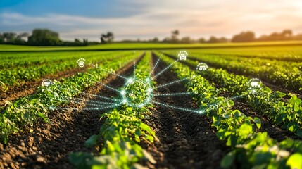 Aerial view of agricultural fields with prominent methane gas symbols emphasizing the crucial role of the farming industry in greenhouse gas emissions and climate change