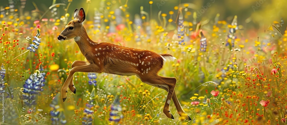 Poster roe deer leaping gracefully across a meadow filled with colorful flowers with ample copy space image