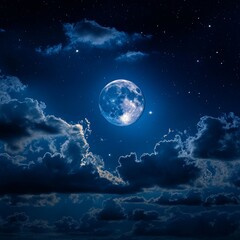 30. Bright moon shining through a partly cloudy night sky, clear weather, tranquil evening