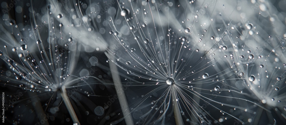 Aufkleber rain soaked dandelion fluff with water droplets in close up view suitable for a copy space image