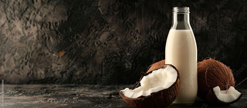 Poster closeup of a delicious fresh coconut milk bottle against a black backdrop with space for text or ima