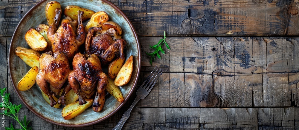 Poster Whole quails roasted on a plate with fried potatoes displayed on a wooden background in a top down perspective with empty space for text or other elements in the image. Creative banner