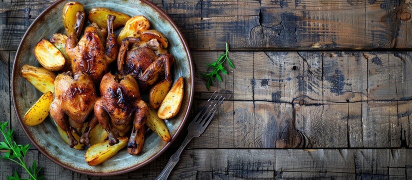 Whole quails roasted on a plate with fried potatoes displayed on a wooden background in a top down perspective with empty space for text or other elements in the image. Creative banner