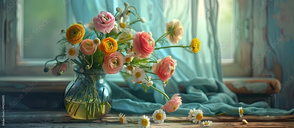 Fototapete an elegant display of ranunculus and chamomile flowers in a vase on a table indoors with blank space