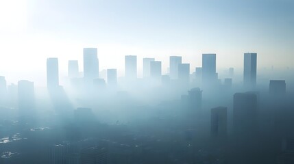 Obraz premium Shrouded Urban Skyline Symbolizing the Impact of Greenhouse Gases on the Environment Dramatic aerial view of a city skyline engulfed in smog