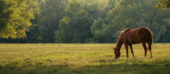 A serene rural setting with a single chestnut horse grazing peacefully in a vast empty field with abundant green grass featuring a copy space image