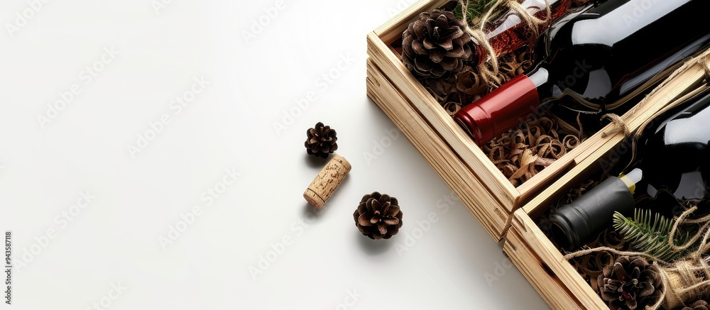 Poster wooden gift box with wine bottles on a white background featuring copy space image