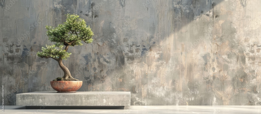 Aufkleber vintage style setup featuring a bonsai tree in a clay pot on a concrete podium with abstract wooden 