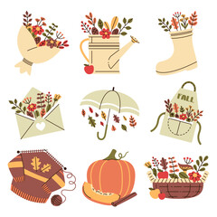 Set of cute autumn stickers. Fall clip art of scrapbooking elements: pumpkin, sweater, wicker basket, watering can, apron, rubber boot, umbrella, bouquet, envelope with fall foliage.