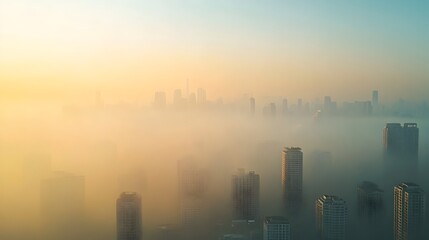 Aerial view of a metropolitan city skyline shrouded in a thick haze of greenhouse gas emissions highlighting the environmental challenges and need for sustainability in urban areas