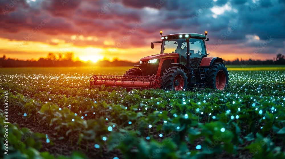 Wall mural A tractor cultivates a lush field during sunset, showcasing advanced digital farming integration.