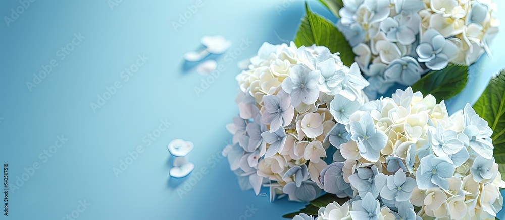 Aufkleber Blue and white hydrangea flowers displayed on a blue background with ample copy space image available