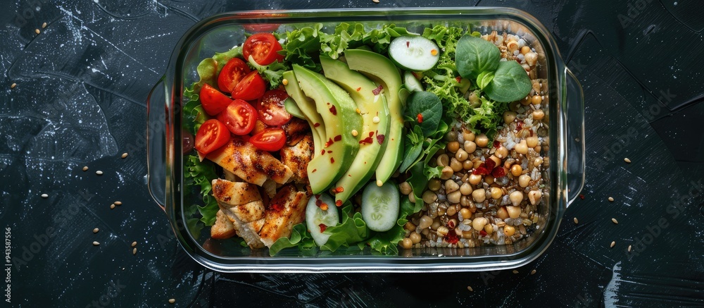 Aufkleber glass container on black table filled with a fresh salad avocado chicken and buckwheat seen from abo