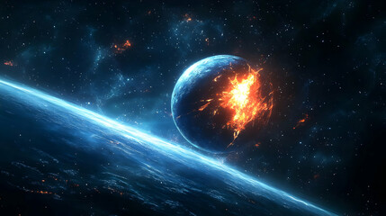 Obraz premium A fiery explosion erupts on a planet in space, witnessed from the surface of a neighboring planet.