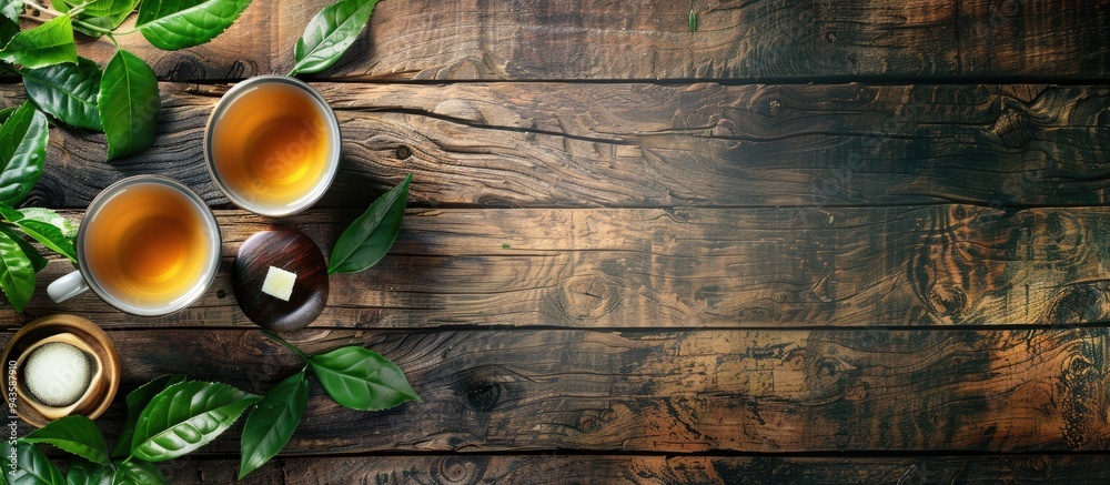 Poster Flat lay composition featuring cups filled with refreshing green tea a sugar bowl and tea leaves on a wooden table with available space for text in the image. Creative banner. Copyspace image